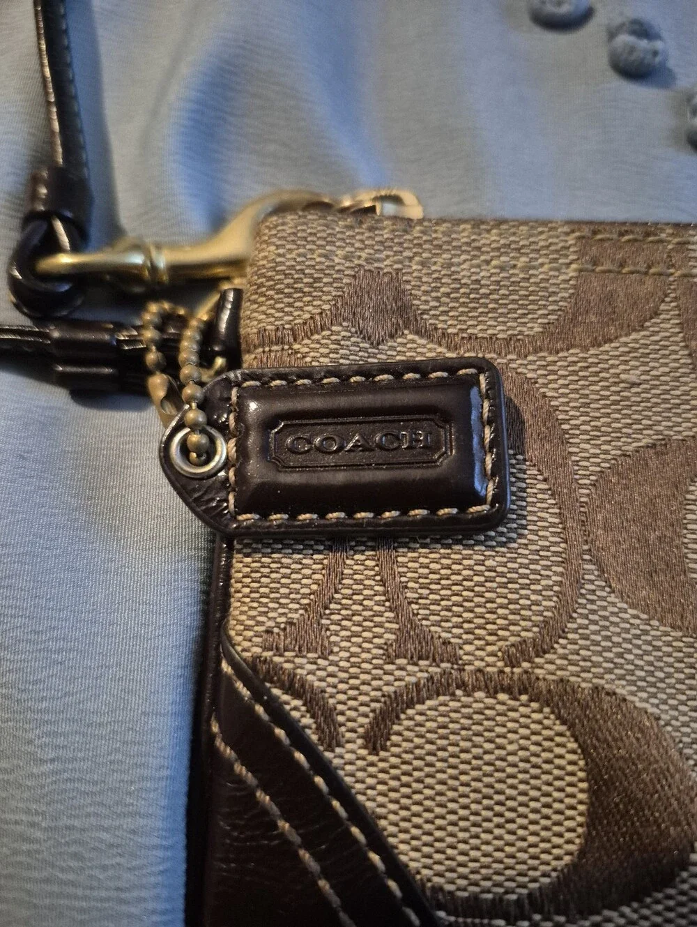 Coach Tan/Brown Signature Canvas Wristlet with Leather Trim